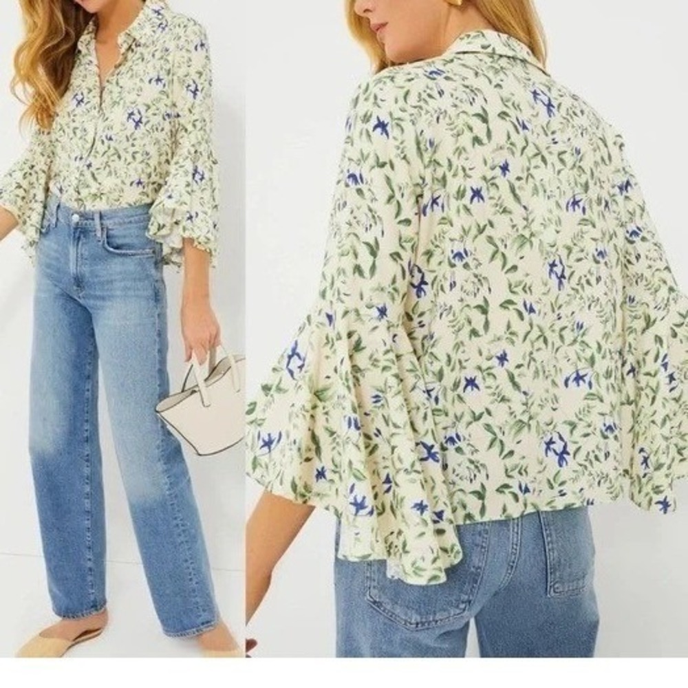 Tuckernuck Ivory Fuchsia Floral Print Bell Sleeve Button Up Shirt Size S NWT